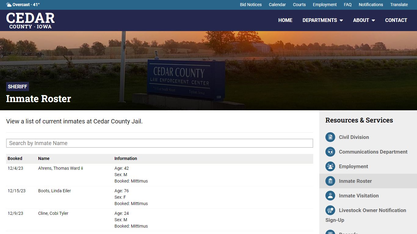 Inmate Roster - Sheriff's Office - Cedar County, Iowa